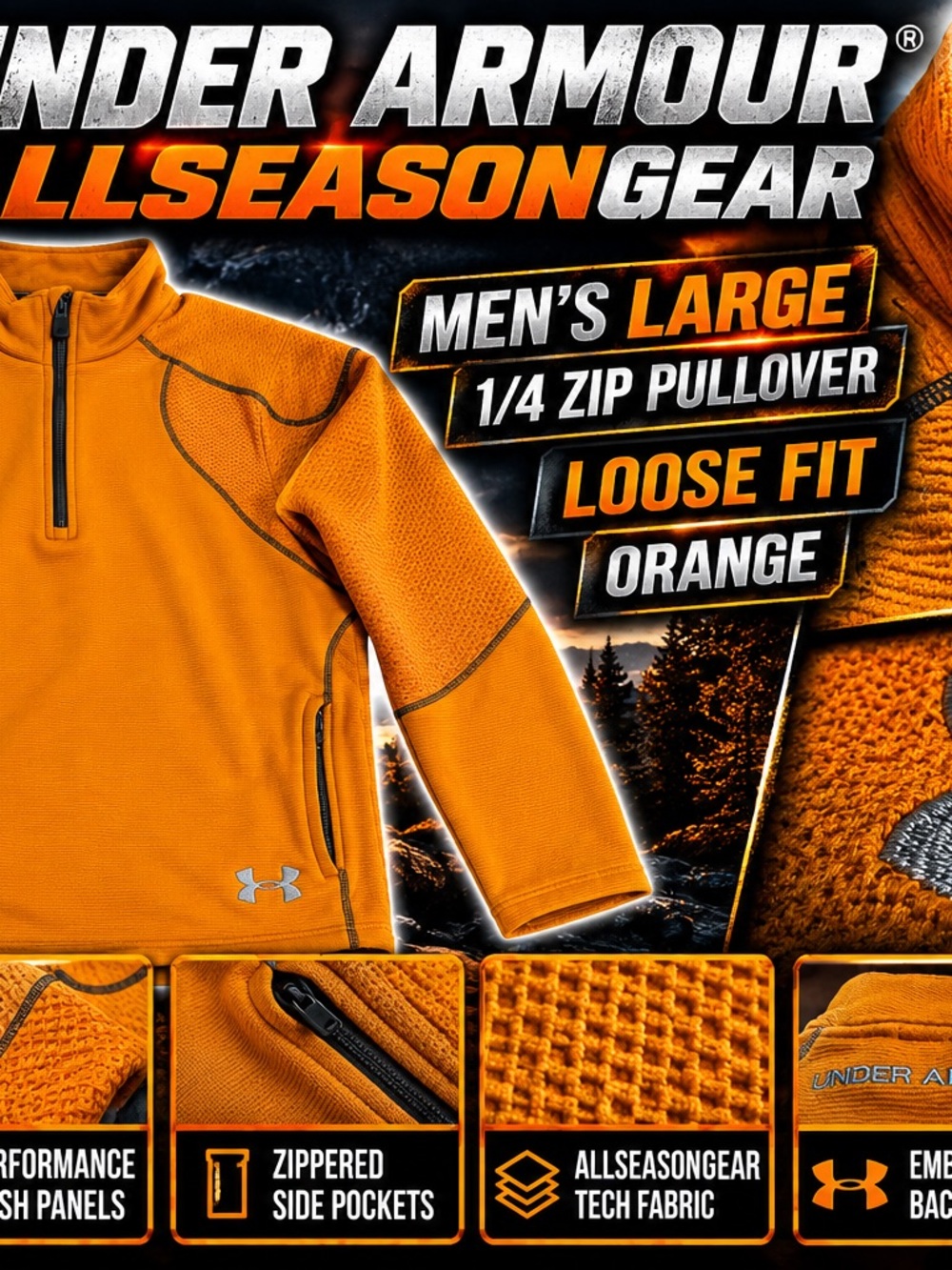 Under Armour AllSeasonGear Men’s L Orange 1/4 Zip Pullover Loose Fit 1221882